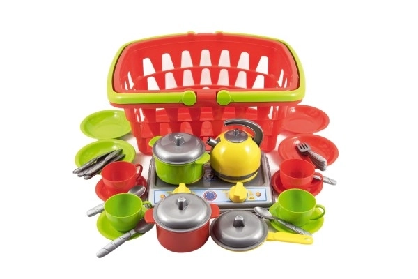 Panier d'achat en plastique + ensemble de vaisselle avec cuisinière en sachet