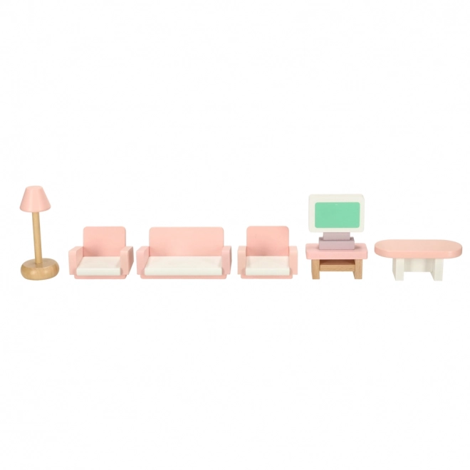 Meubles en bois pour maison de poupées - salon, chambre à coucher, salle de bain, cuisine rose