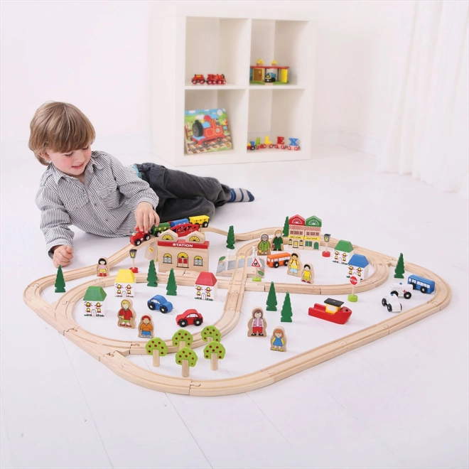 Bigjigs Rail Circuit de train en bois ville et village 101 pièces