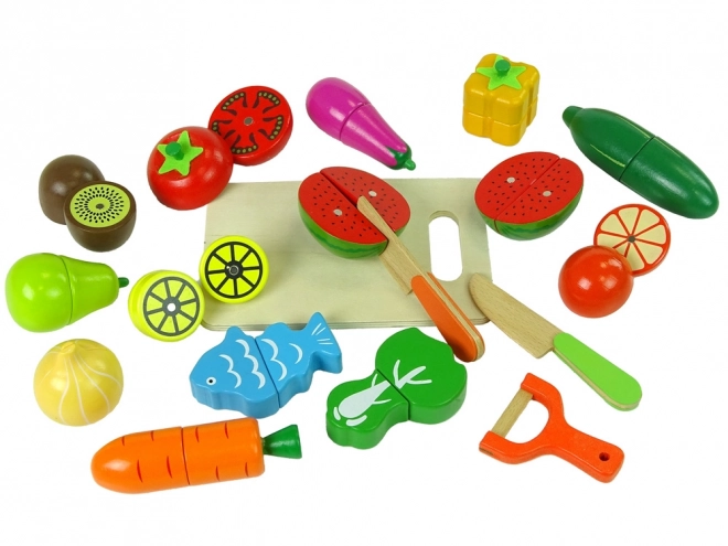 Fruits et légumes en bois dans une boîte à aimants