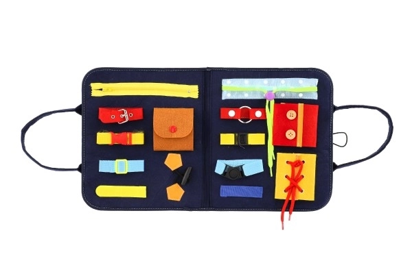 Trousse éducative en feutre fermeture et ouverture de fermetures éclair et de boutons dans un sac 24x27x4cm