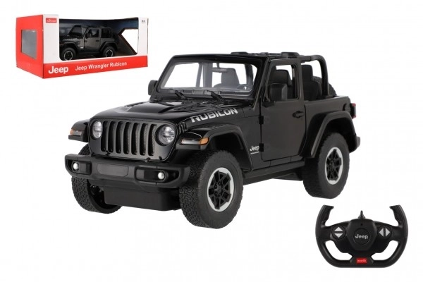 Auto RC Jeep Wrangler Rubicon noir plastique 29cm 2,4GHz télécommande à piles en boîte 44x19x26cm
