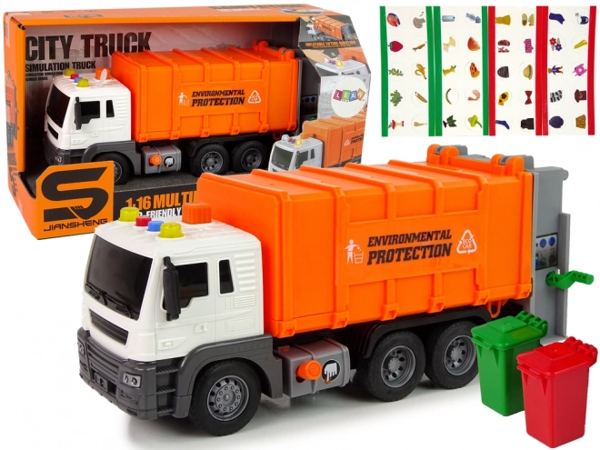 Camion de poubelle avec entraînement à friction Effets sonores Orange 1:16 recyclage