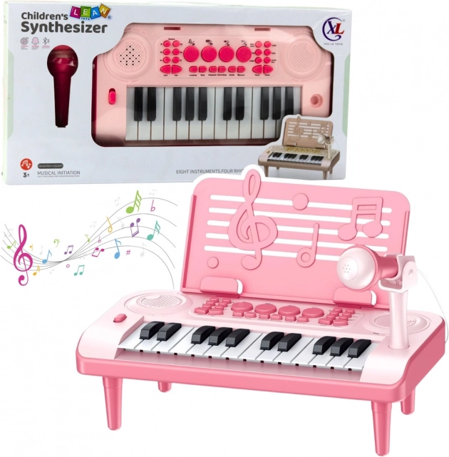 Petit piano électronique pour enfants avec microphone et pupitre, rose