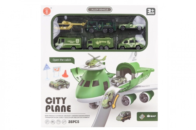 Avion avec garage pliable et petites voitures militaires