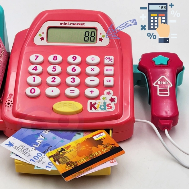 WOOPIE Caisse enregistreuse pour enfants avec étagère et accessoires rose