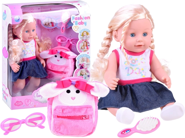 adorable poupée avec tresses, petit sac à dos rose et lunettes