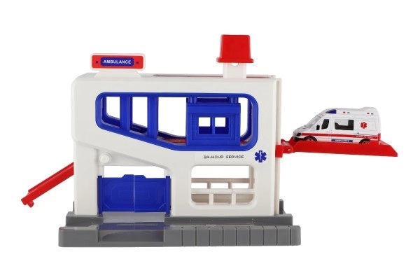 Garage de stationnement avec véhicule ambulance