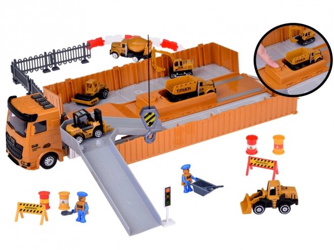 Ensemble interactif camion avec remorque dépliable, grue et chariot élévateur