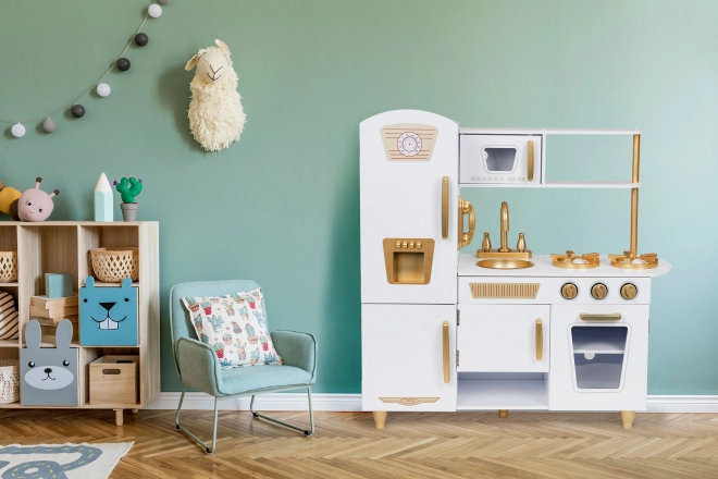 Grande cuisine en bois pour enfants, blanc et or, ECOTOYS