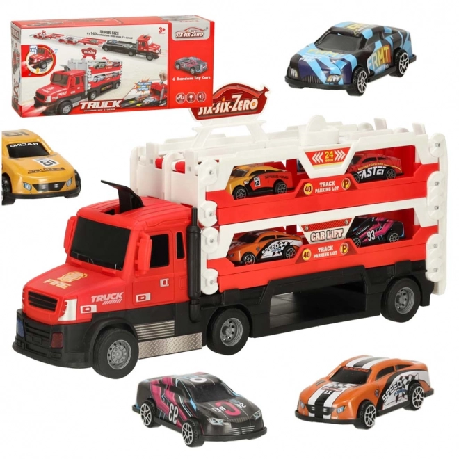 Camion rouge avec circuit caché et 6 petites voitures