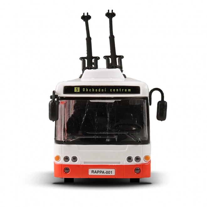 Trolleybus parlant tchèque en plastique 29cm rouge marche libre sur bat. avec lumière et son en boîte 33x11x10cm