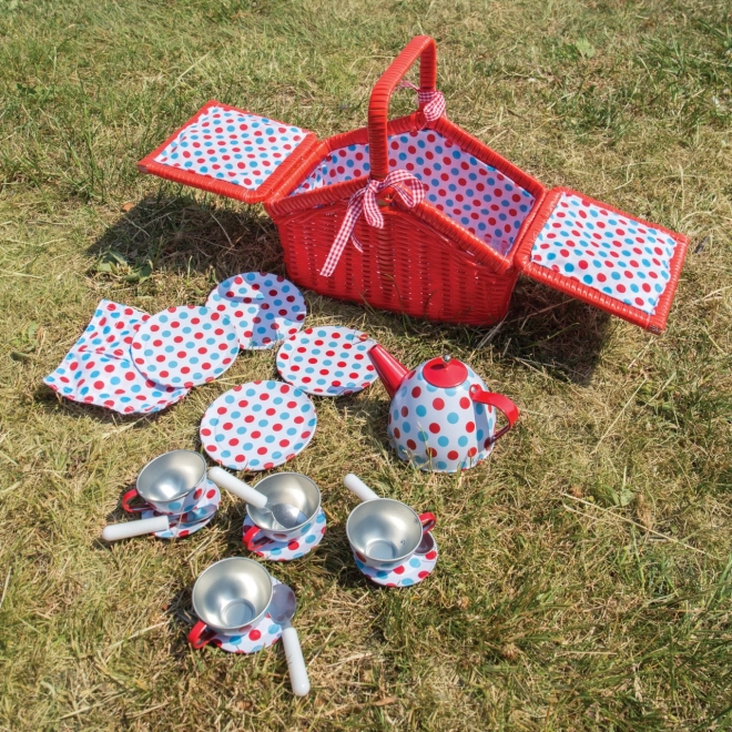 Bigjigs Toys Ensemble à pois pour le thé dans un panier de pique-nique