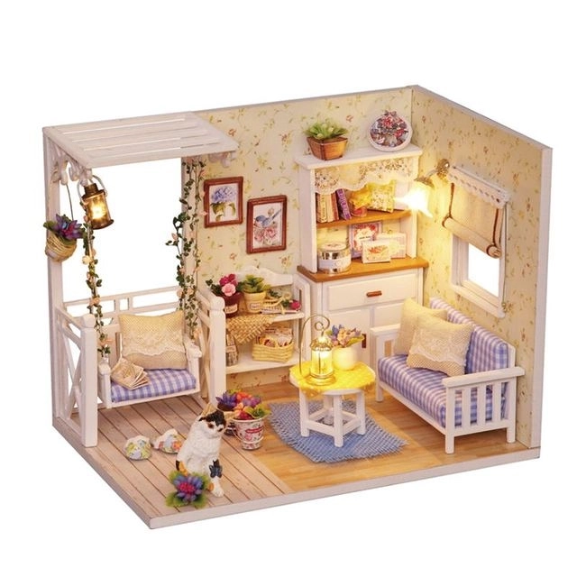 Maison de poupées en bois de style rétro avec éclairage LED