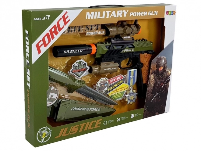 Ensemble militaire Pistolet Fusil Couteau Médaille Cible Son