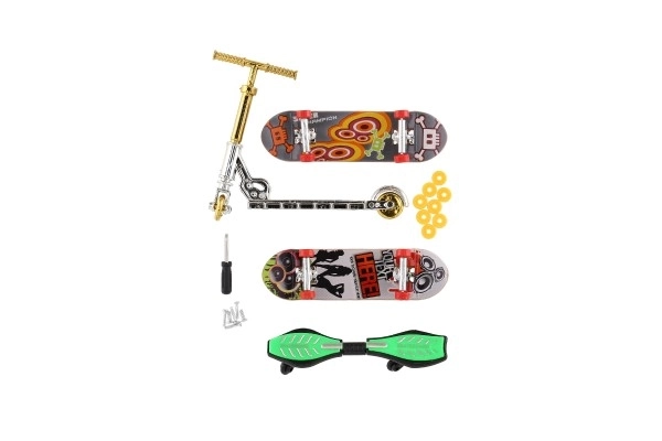 Ensemble de skateboard à visser, trottinette à doigts, waveboard en plastique avec accessoires, mélange de types sur carte 16x30cm