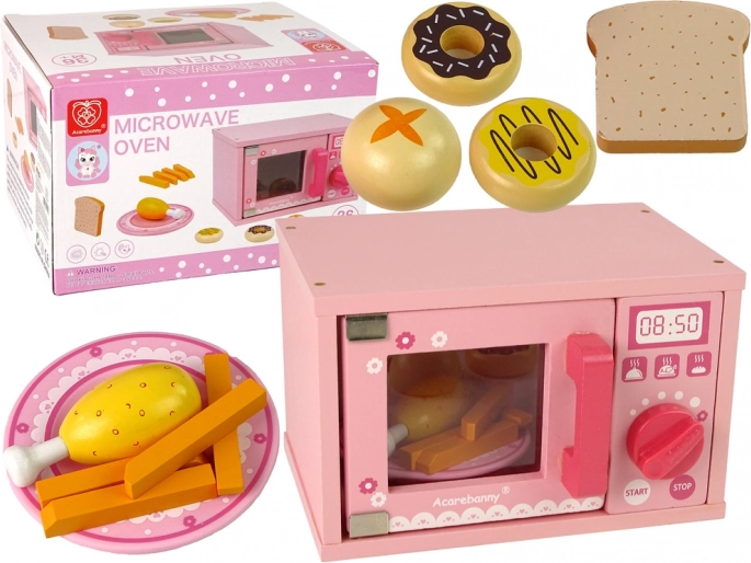 Four à micro-ondes en bois pour enfants – set rose avec aliments