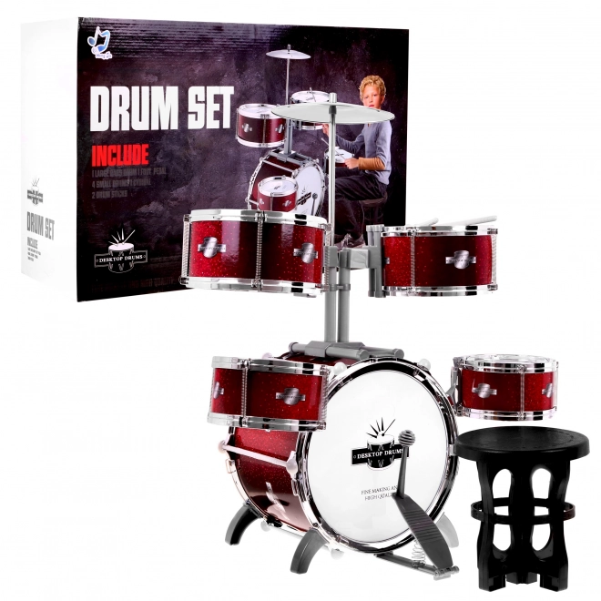 Batterie pour enfants - 5 tambours + Tabouret + Cymbales + 2 baguettes