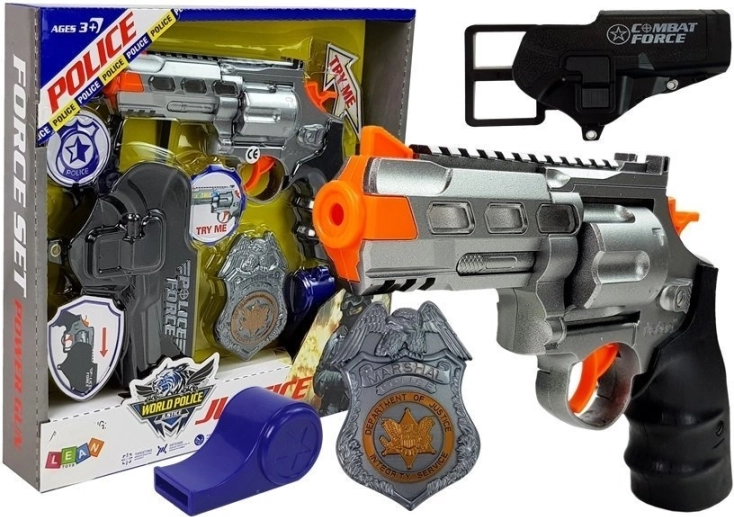 Set de police avec revolver 20 cm, badge, étui et sifflet avec lumière et son