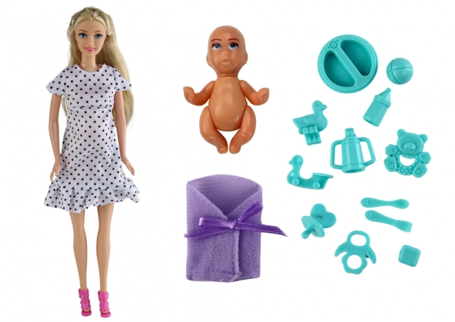 Poupée enceinte avec enfant et accessoires