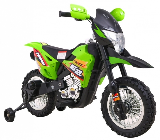 Moto cross électrique pour enfants à batterie – verte, avec roulettes stabilisatrices et feux LED