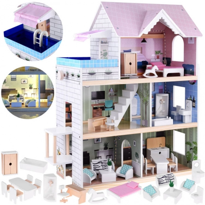 Maison de poupées en bois avec piscine et éclairage LED