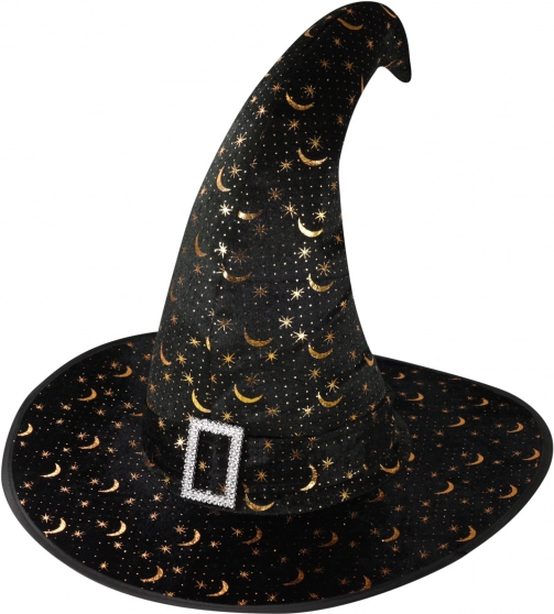 chapeau de sorcière pour adulte avec étoiles et lune dorées