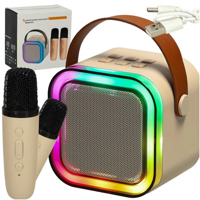 Ensemble Karaoke 2 microphones + haut-parleur portable BLUETOOTH USB LED couleur beige