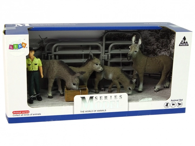 Ensemble de figurines Quatre fermiers ânes Clôture grise