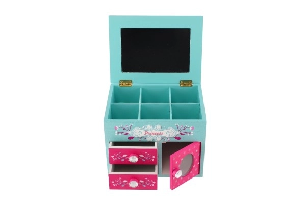 Boîte à bijoux Princess 3 tiroirs avec dessus rabattable et miroir bois 16x12,5x12cm en boîte