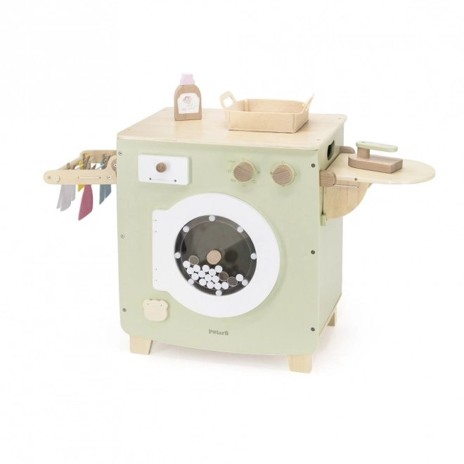 Lave-linge en bois avec planche, sèche-linge et accessoires