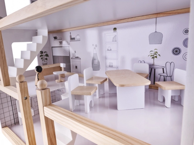 Maison de poupée en bois clair avec meubles - 80cm