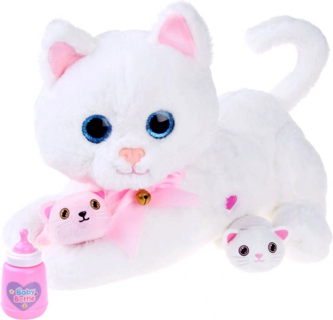 Chat en peluche interactif avec chatons et biberon – Blanc