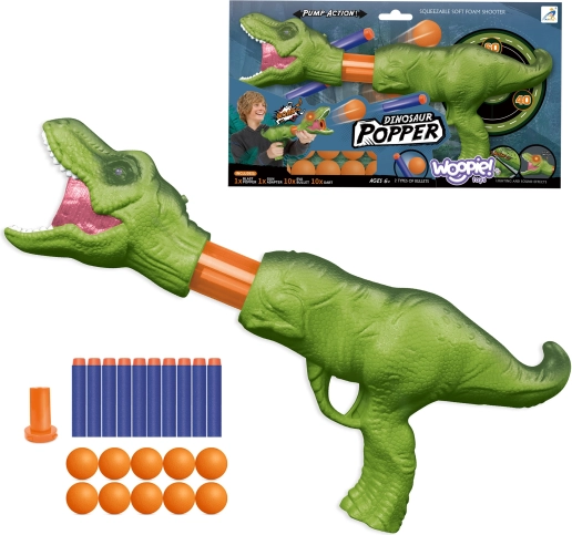 woopie lanceur dinosaure avec balles et fléchettes en mousse, avec lumières et sons, set de 22 pcs