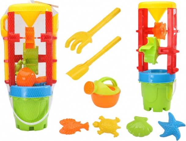 Ensemble coloré de jouets de sable avec grand moulin, seau et moules