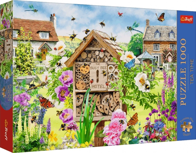Motif riche en détails : jardin et hôtel à abeilles