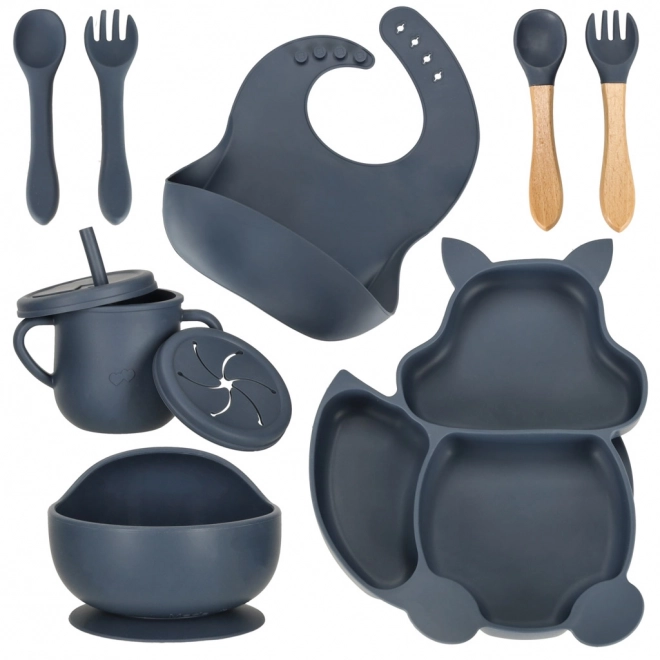 Set de vaisselle en silicone bleu foncé Écureuil - 9 pièces