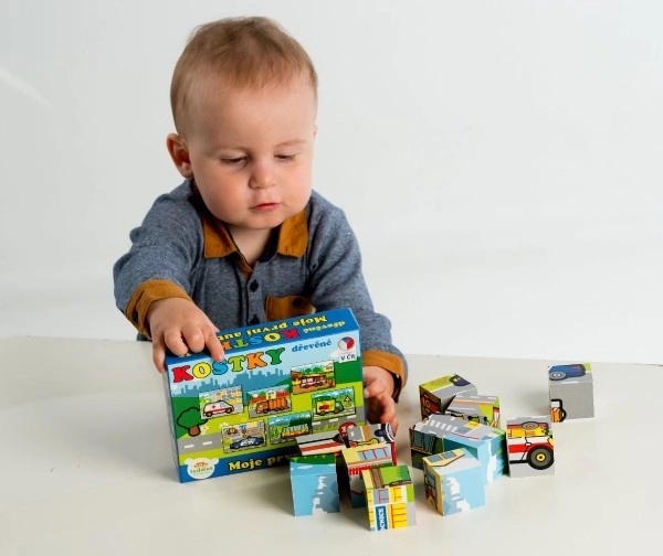 Cubes en bois Mon premier voiture 12pcs dans une boîte 17x12,5x4cm MPZ