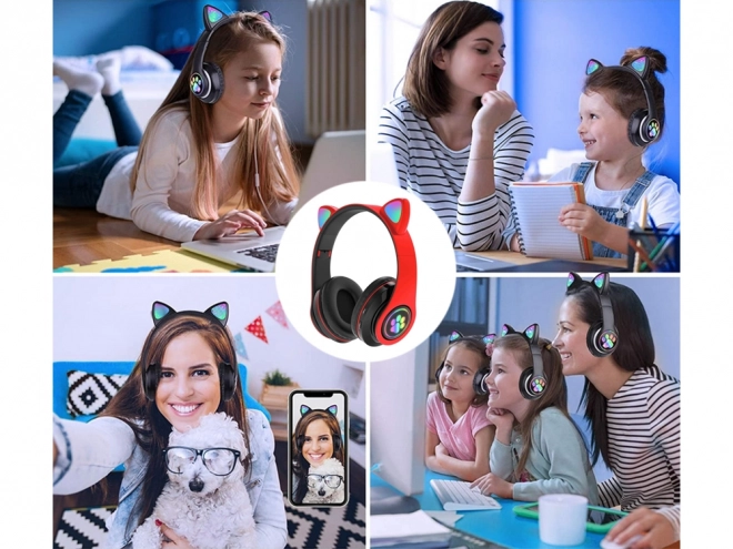 Casque sans fil bluetooth radio fm mp3 oreilles de chat éclairage led