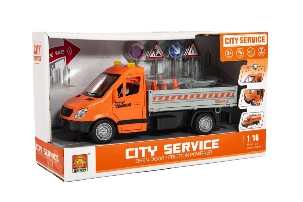 Véhicule d'entretien routier plastique 25cm à friction à piles avec son et lumière en boîte 32x19x12cm