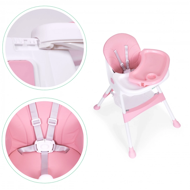 Chaise haute pour enfant avec plateau et panier, harnais à cinq points ECOTOYS – rose