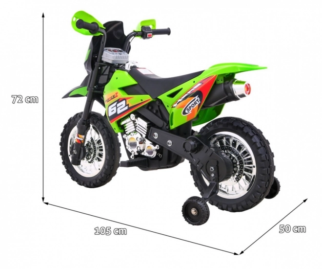 Moto cross électrique pour enfants à batterie – verte, avec roulettes stabilisatrices et feux LED