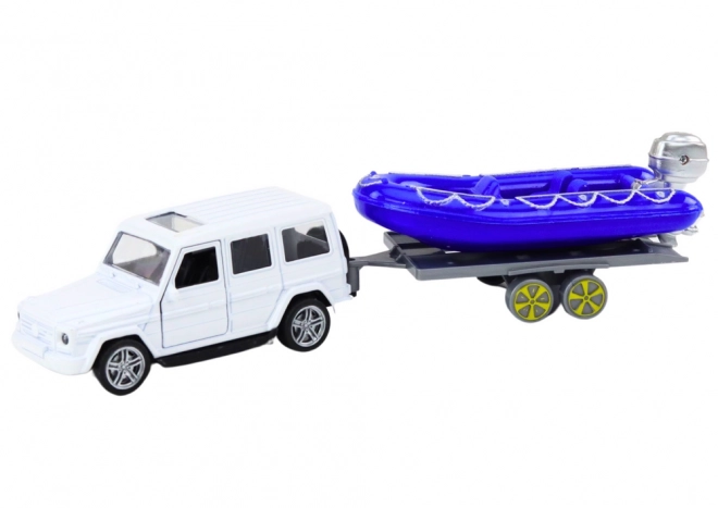 Voiture tout-terrain avec remorque et bateau à moteur Métal Blanc Bleu