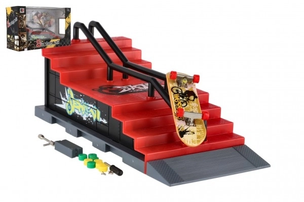 Skatepark - skateboard à doigts vissable avec rampe en plastique 8cm avec accessoires mélange de types en boîte 28x18cm