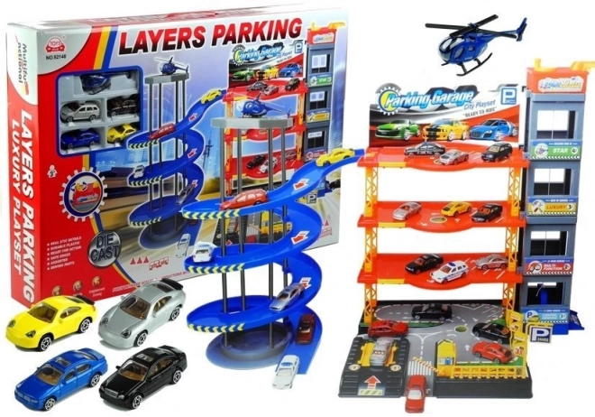 Garage multi-niveaux avec petites voitures et hélicoptère