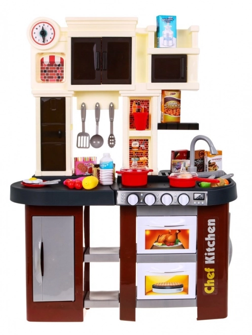 Cuisine interactive marron + brûleurs avec son et lumière + robinet + accessoires - 58 pièces