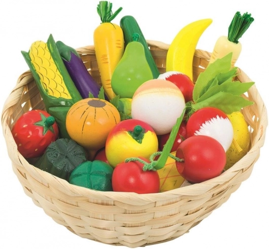 Fruits et légumes en bois dans un panier – 21 pièces