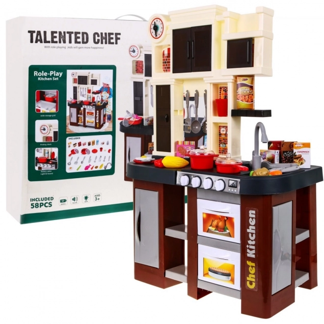 Cuisine interactive marron + brûleurs avec son et lumière + robinet + accessoires - 58 pièces