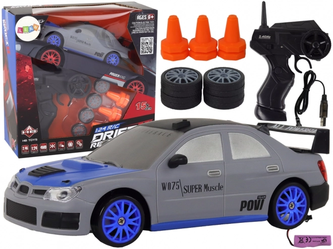 Voiture de sport téléguidée R/C 1:24 avec roues interchangeables – gris