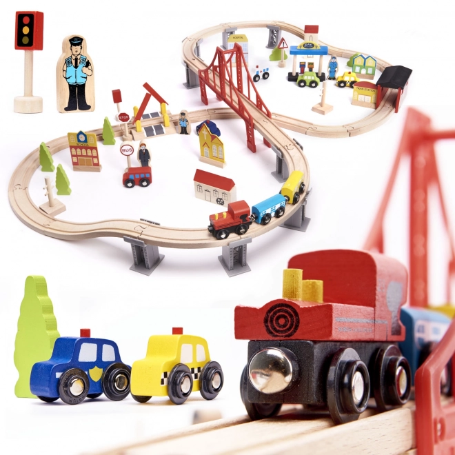 Circuit de train en bois - 70 pièces